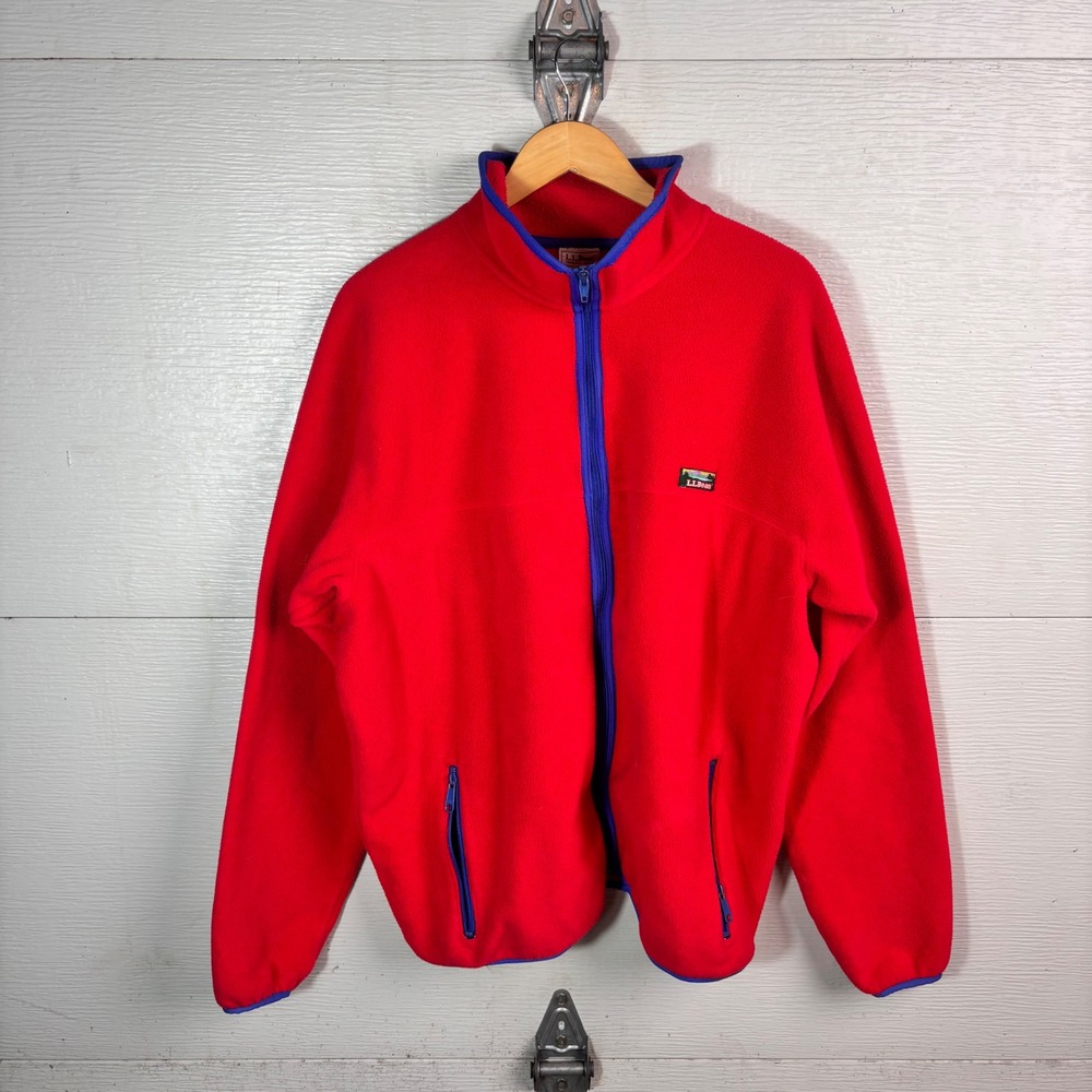 1990s LL Bean Fleece Jacket Red Blue Full Zip Made USA Fall Staple Size XL